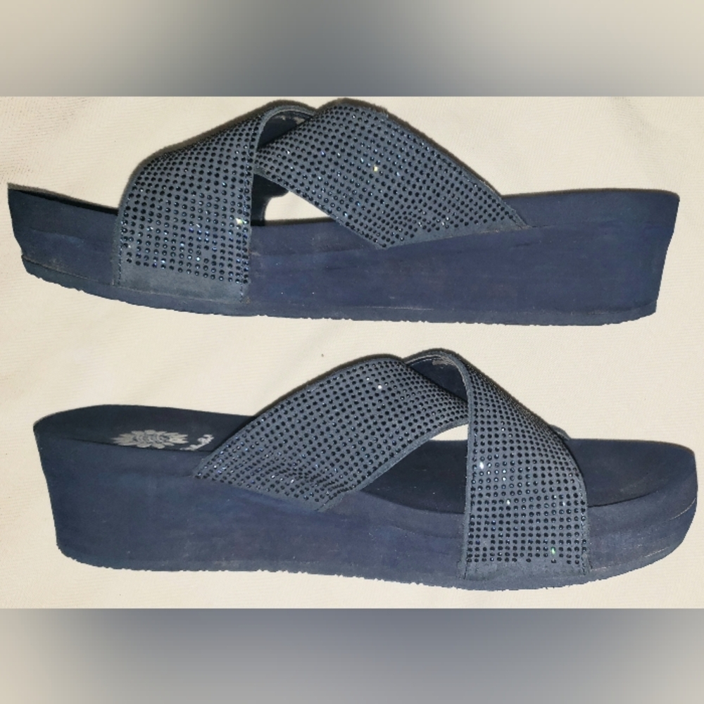 Yellow Box MAXIMA 8 Navy Blue Crisscross Rhinestone Platform Slide Sandals
